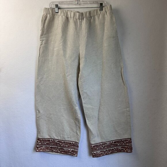 J‎ Jill Pants women M Linen rayon blend pull on elastic cropped leaf needlework - Picture 1 of 4